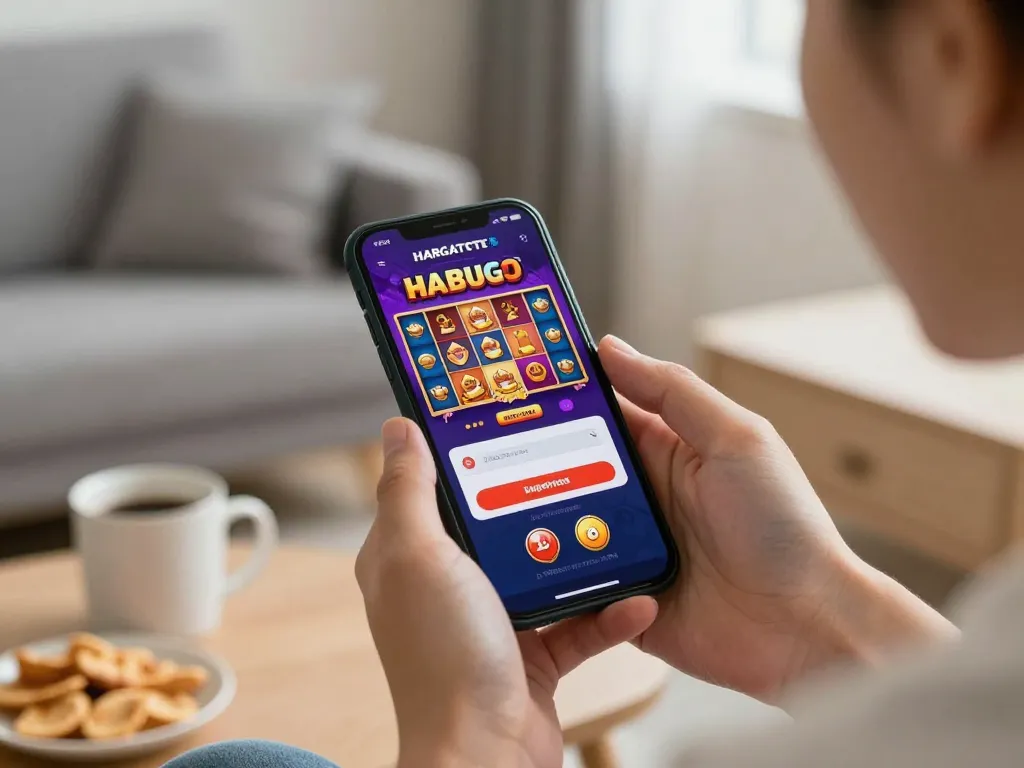 Layar login HARGATOTO ditampilkan di perangkat mobile dalam lingkungan permainan yang nyaman di rumah.