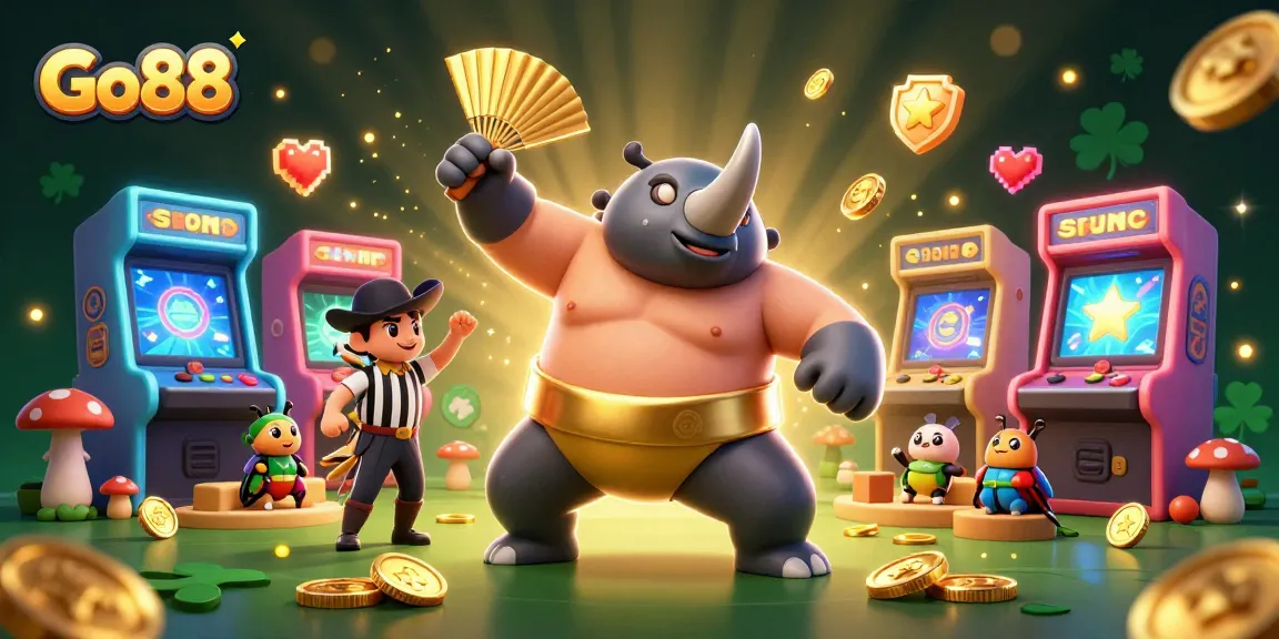 Go88's exciting visual featuring a rhinoceros beetle champion with golden coins flying in a vibrant casino scene.