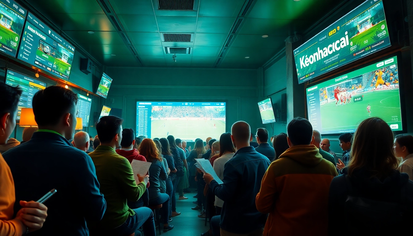 Exciting sports betting atmosphere showcasing keonhacai on screens with fans analyzing odds.