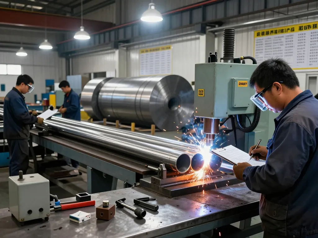 Workers assembling sumwin stainless steel pipes in a busy fabrication facility, showcasing precision and teamwork.