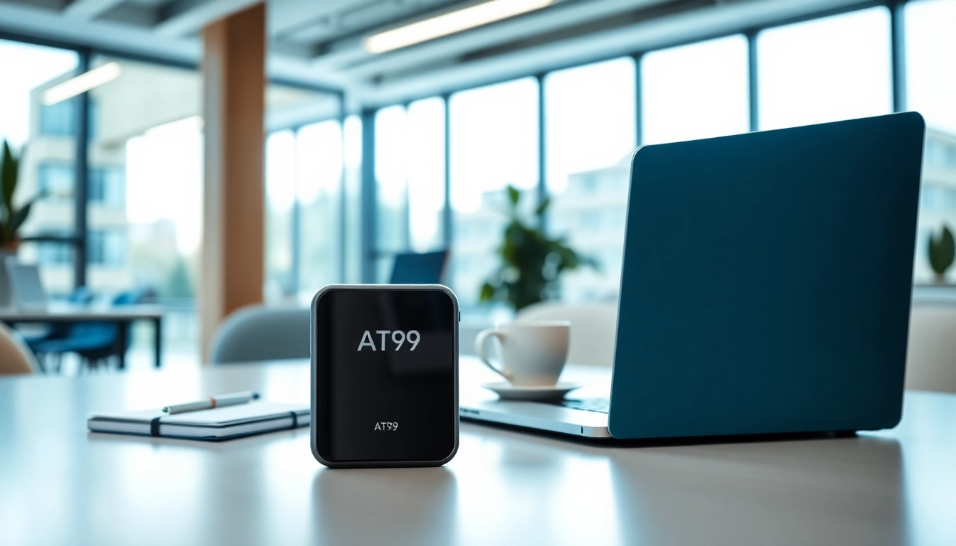 Showcase the AT99 device in a sleek office setting, highlighting its innovative design and professional atmosphere.