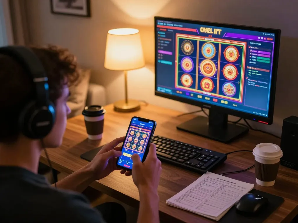 Gamer enjoying sunwin mobile slot gaming in a cozy setting with vibrant graphics and strategy notes.
