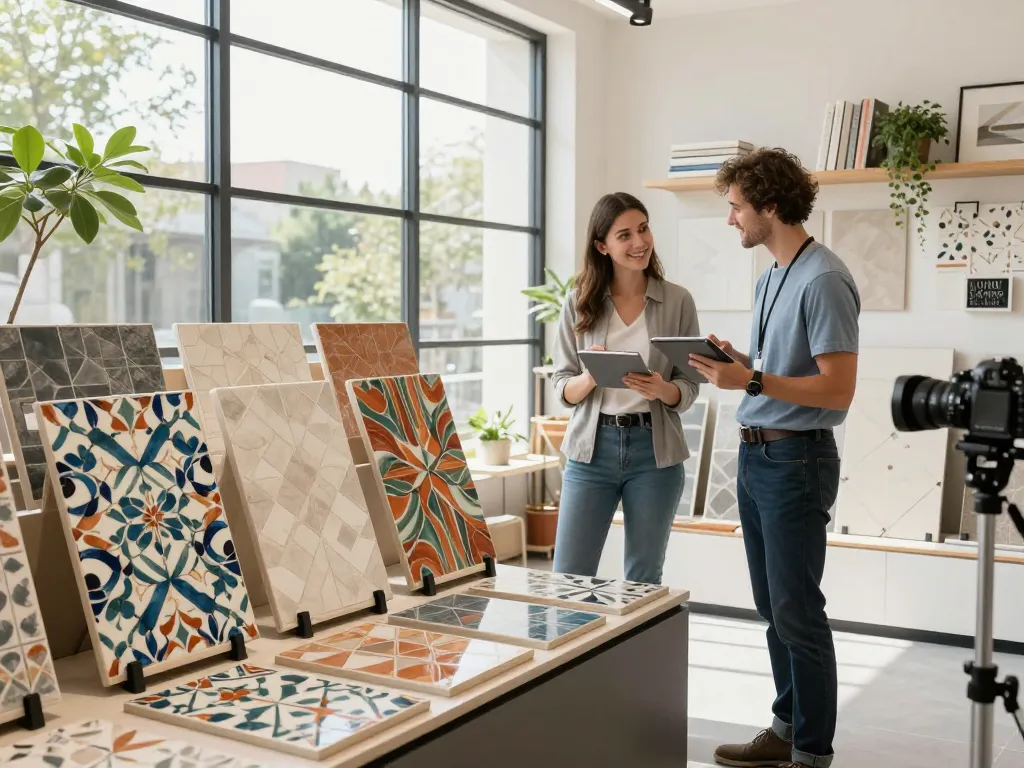 Sunvin ceramic tiles showcased in a modern showroom with designer consulting.