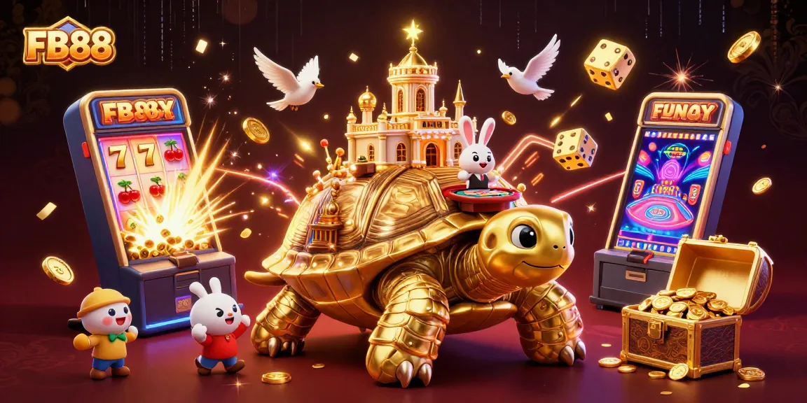 Engage with the vibrant FB88 casino experience featuring a tortoise with a casino palace and a dealer.