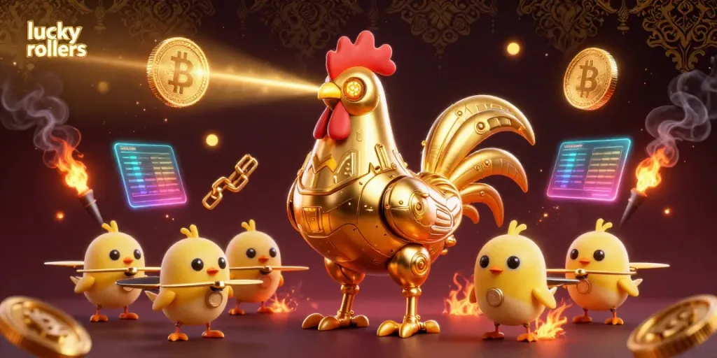 Experience the thrill of lucky rollers in an ultra-immersive crypto casino scene with enchanting golden elements.