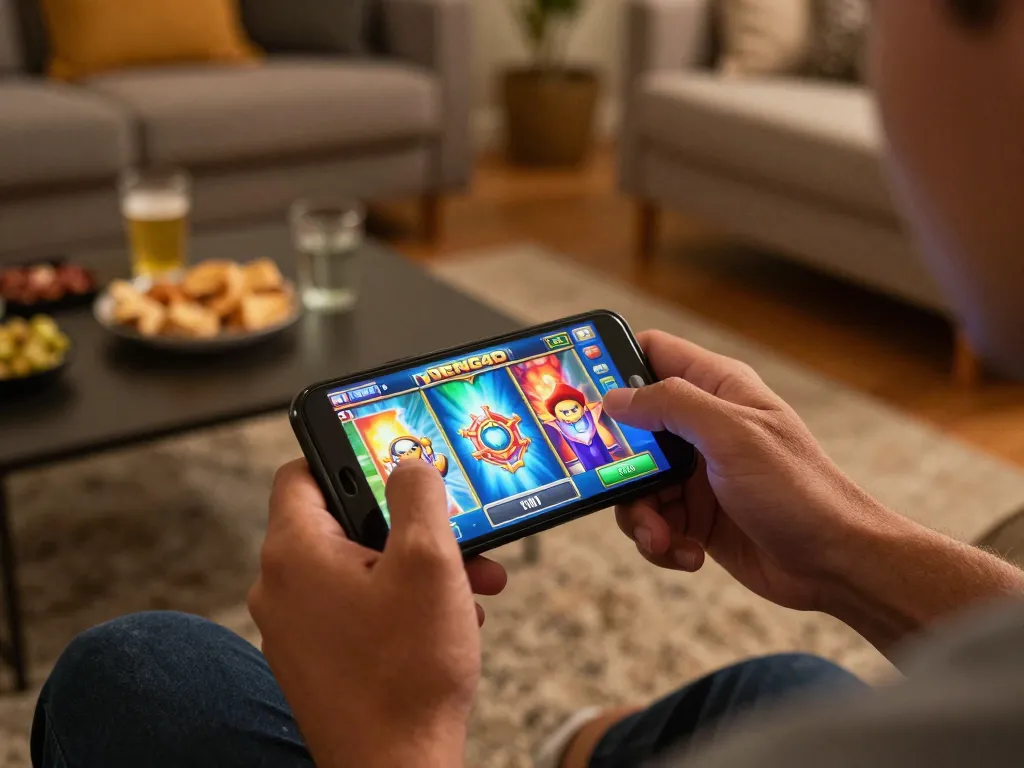 Player enjoying immersive NENG4D mobile slot gaming experience on smartphone in cozy home setting