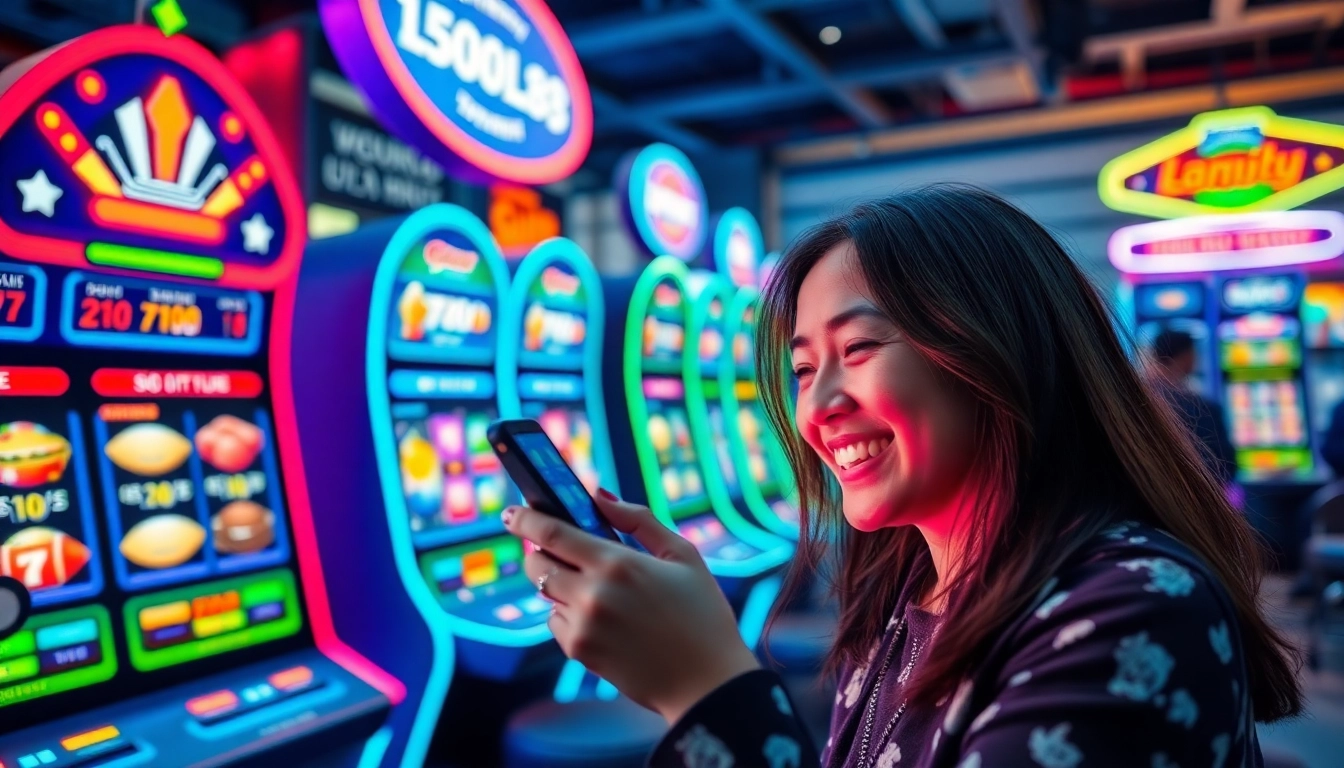 Engaging Asupantoto online gaming platform with vibrant digital slot machines and user excitement.