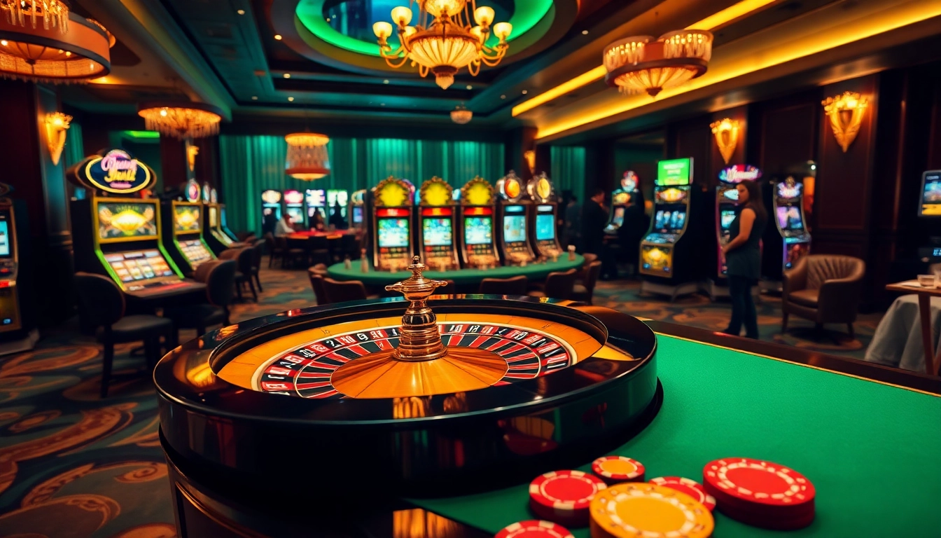 Experience luxury and excitement at open88.com with a vibrant roulette table and slots in a lavish casino setting.