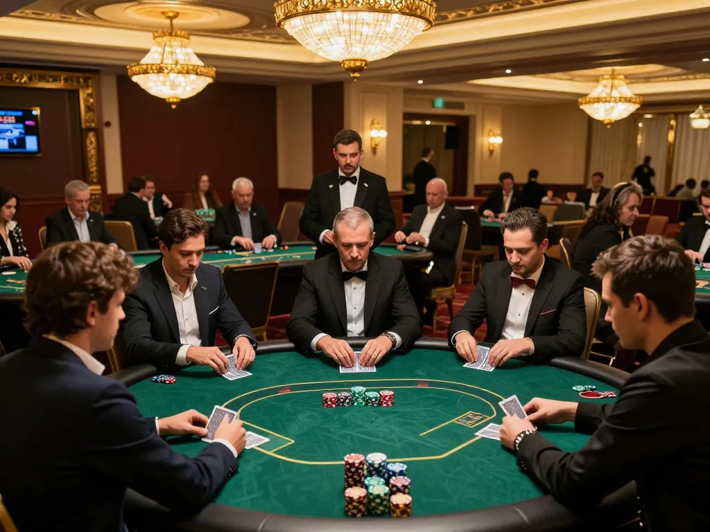 Engaging poker game at BEM88 casino showcasing strategic player interactions and upscale setting