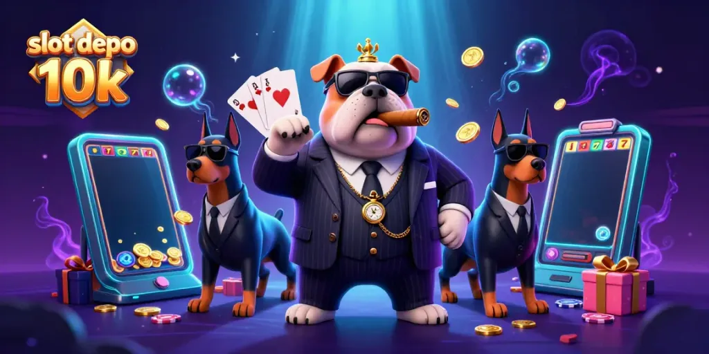 Slot depo 10k dengan karakter mafia bulldog dan anjing Doberman dalam ilustrasi 3D, menampilkan aksi permainan slot.