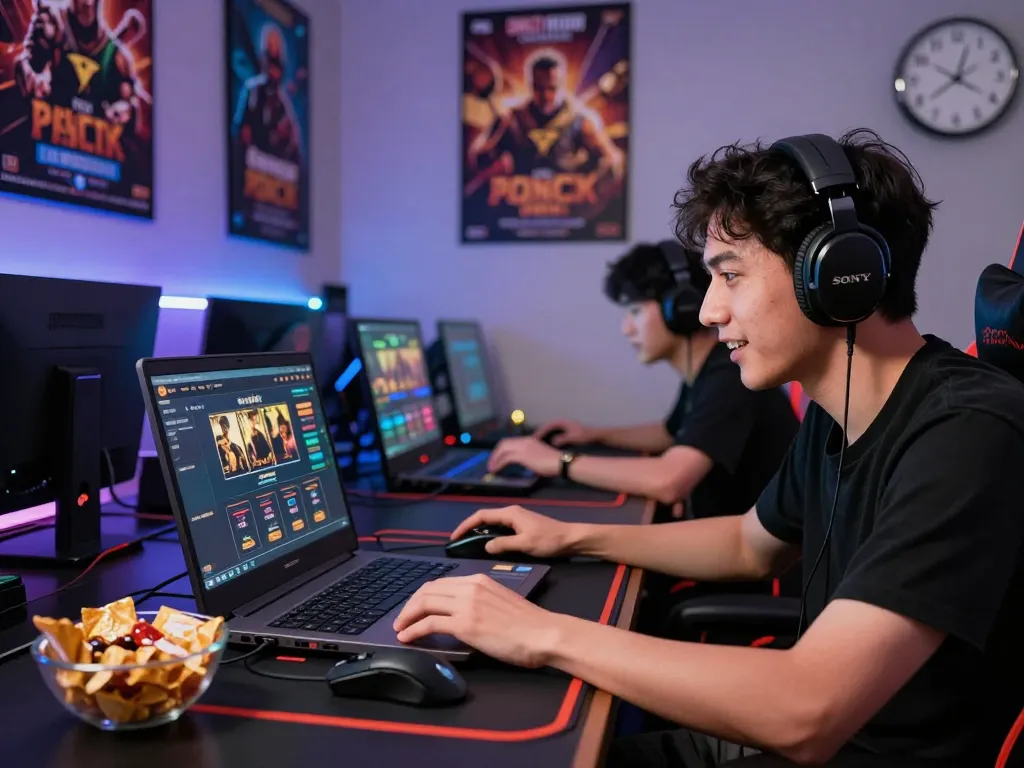 Exciting gaming atmosphere with nhà cái sunwin platform on a laptop surrounded by gaming essentials.