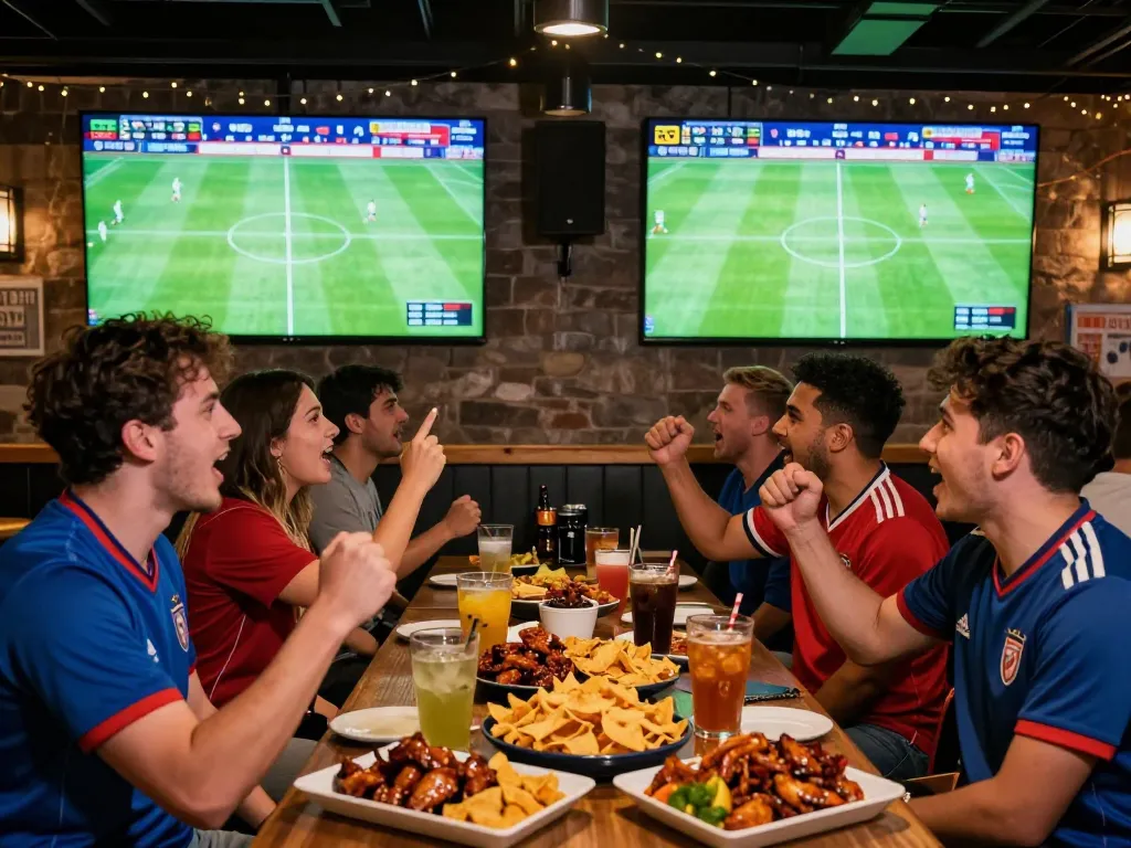 SocoliveTV live soccer streaming event with excited fans watching match at a sports bar.