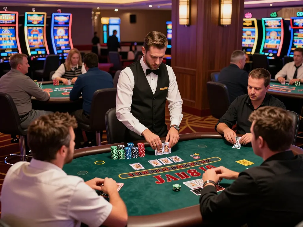 Players enjoying a lively blackjack game at Jun88 casino with engaging dealers and vibrant atmosphere.