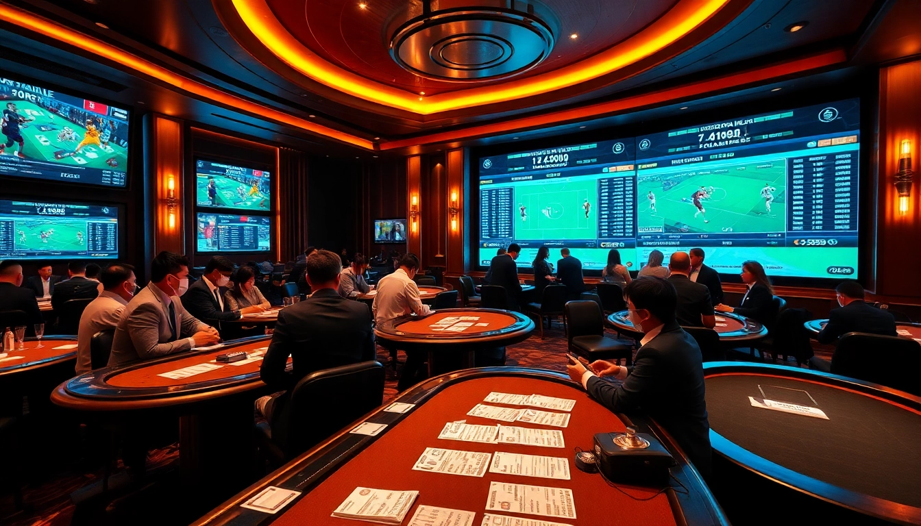 Situs Judi Bola interactive betting scene with diverse players enjoying high-stakes action.