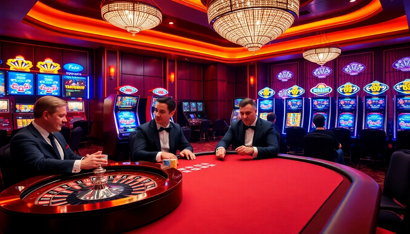 Exciting fun88 casino scene with poker players, roulette wheel, and colorful slot machines.