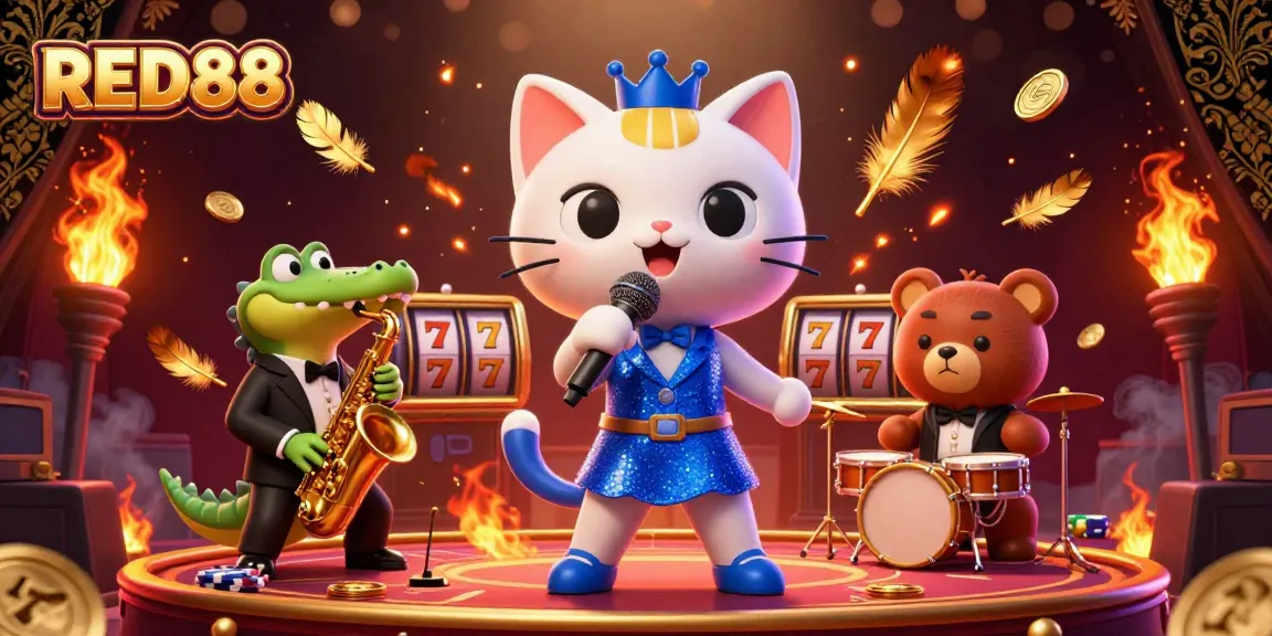 Engage in thrilling gameplay at RED88 casino with a lively cartoon stage hosting a jazz-singer cat, saxophonist crocodile, and drummer bear.