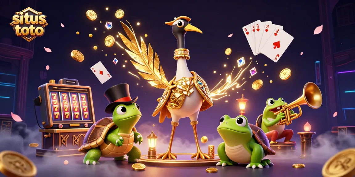 Engage with situs toto’s vibrant 3D cartoon illustration featuring a decorative crane, top-hat turtle, and trumpet frog amidst casino elements.