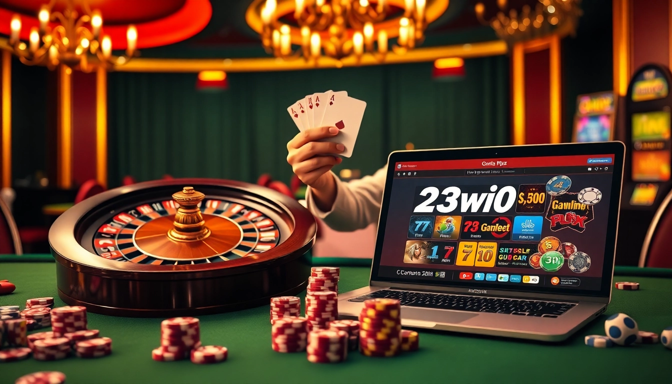 Experience the thrill of winning at 23win with an exciting casino scene filled with rich colors and vibrant elements.