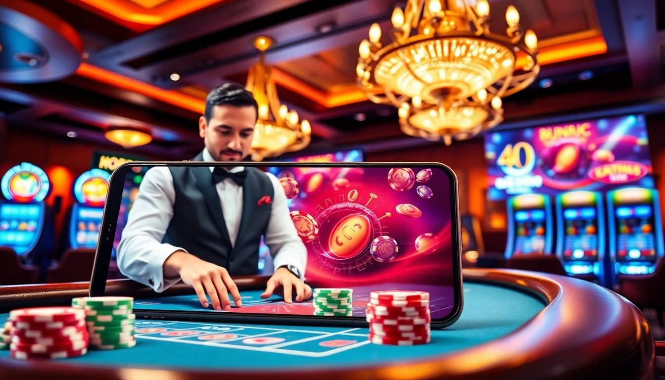 Betting chips and a dealer presenting cards at uu88 casino, showcasing a modern online gaming experience.