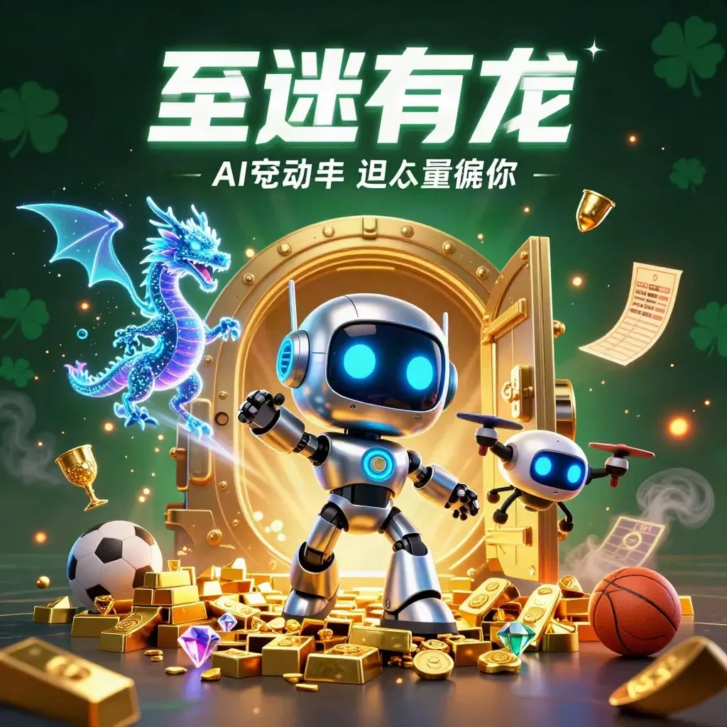 Neon robot, holographic dragon, and drone burst from a treasure vault with casino loot and sports props.
