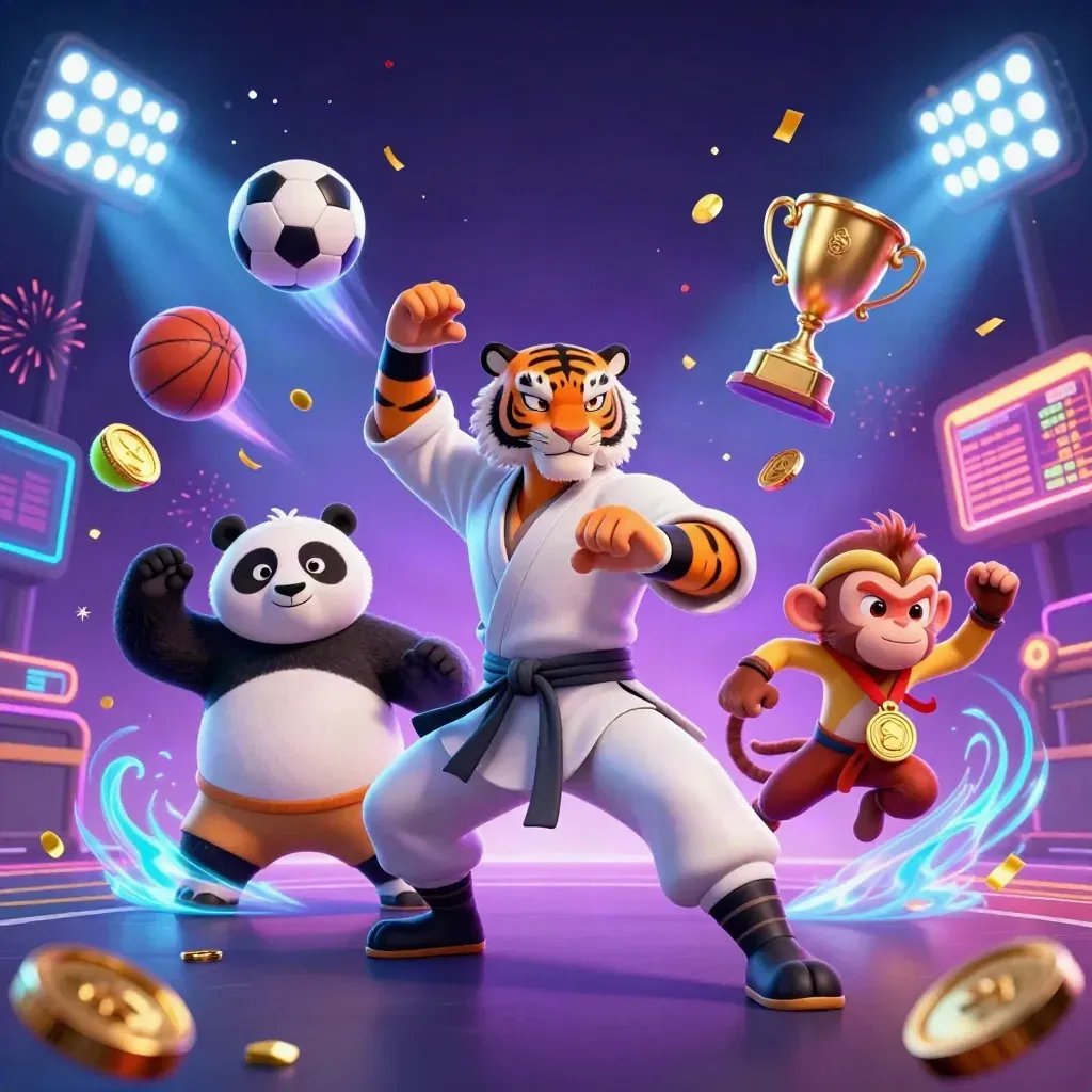 Neon tiger, panda and monkey in a soccer blast with balls, trophy, coins and floodlights.