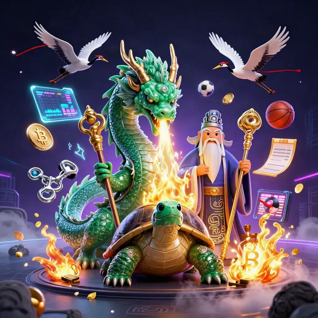 Jade dragon, turtle sage, cranes, neon crypto, basketball, soccer ball, casino fantasy art