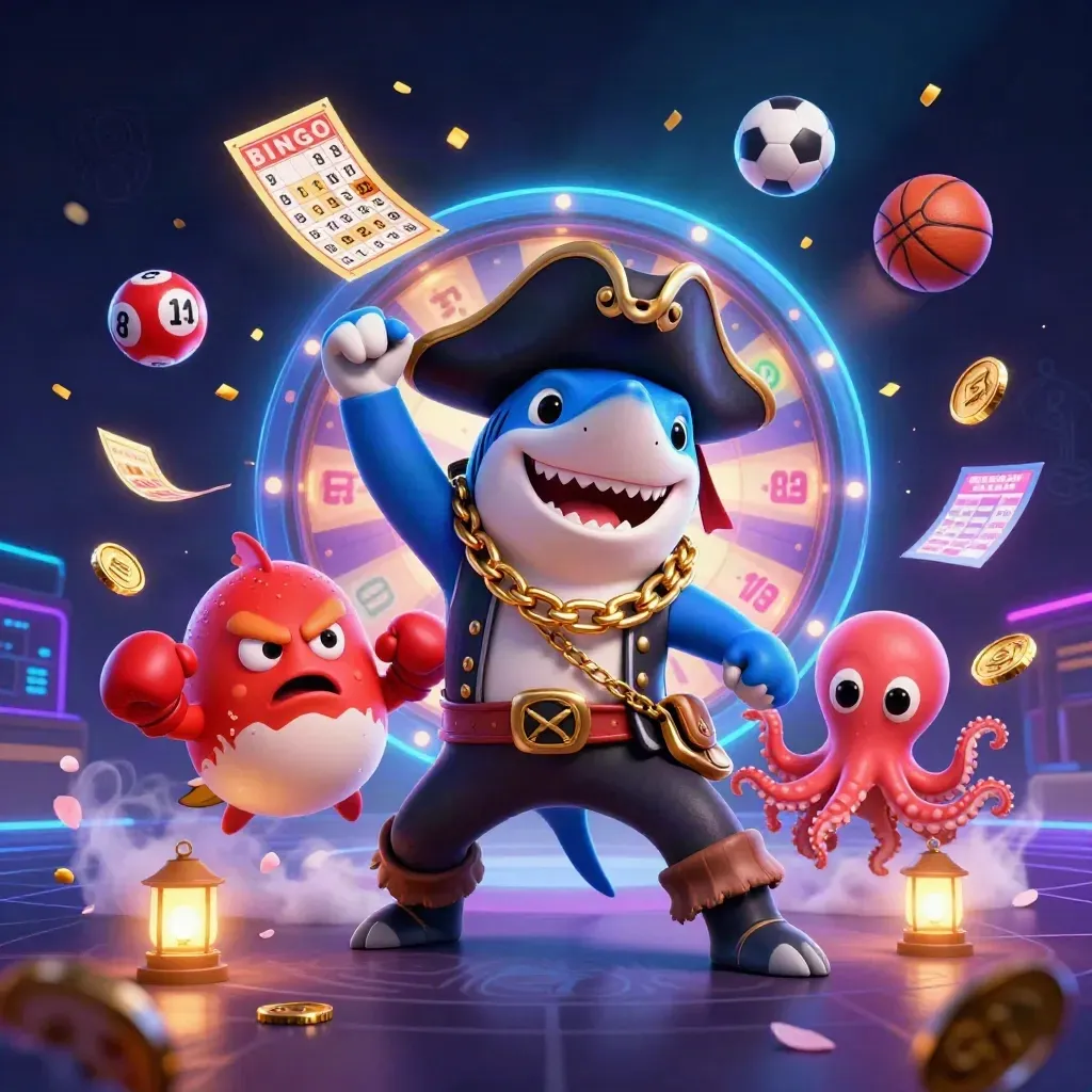 Cartoon shark pirate, red pufferfish boxer, and baby octopus amid neon casino game icons