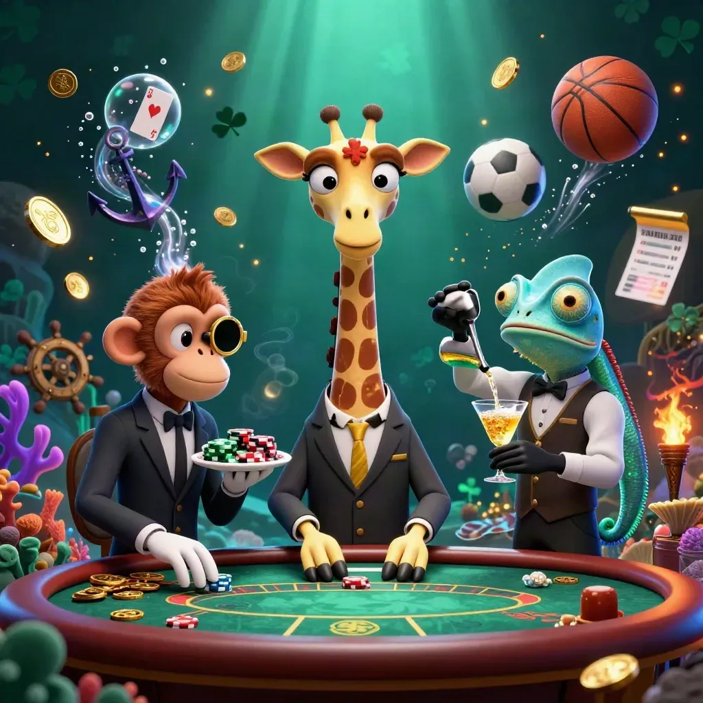 Neon casino heroes amid coins, coral, cards, chip trays, and glowing sports props.