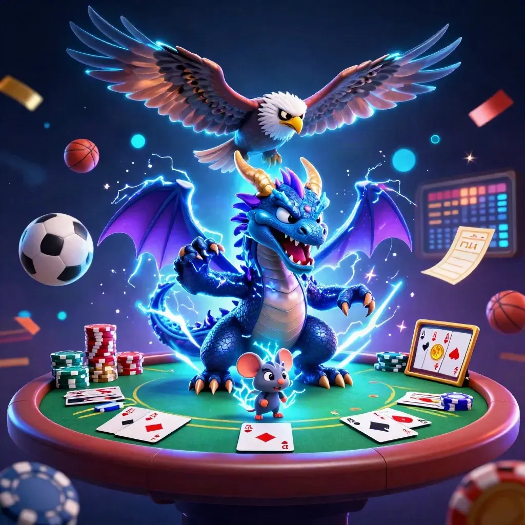 Neon dragon, hawk, and thunder-mouse amid poker chips, cards, and casino energy.