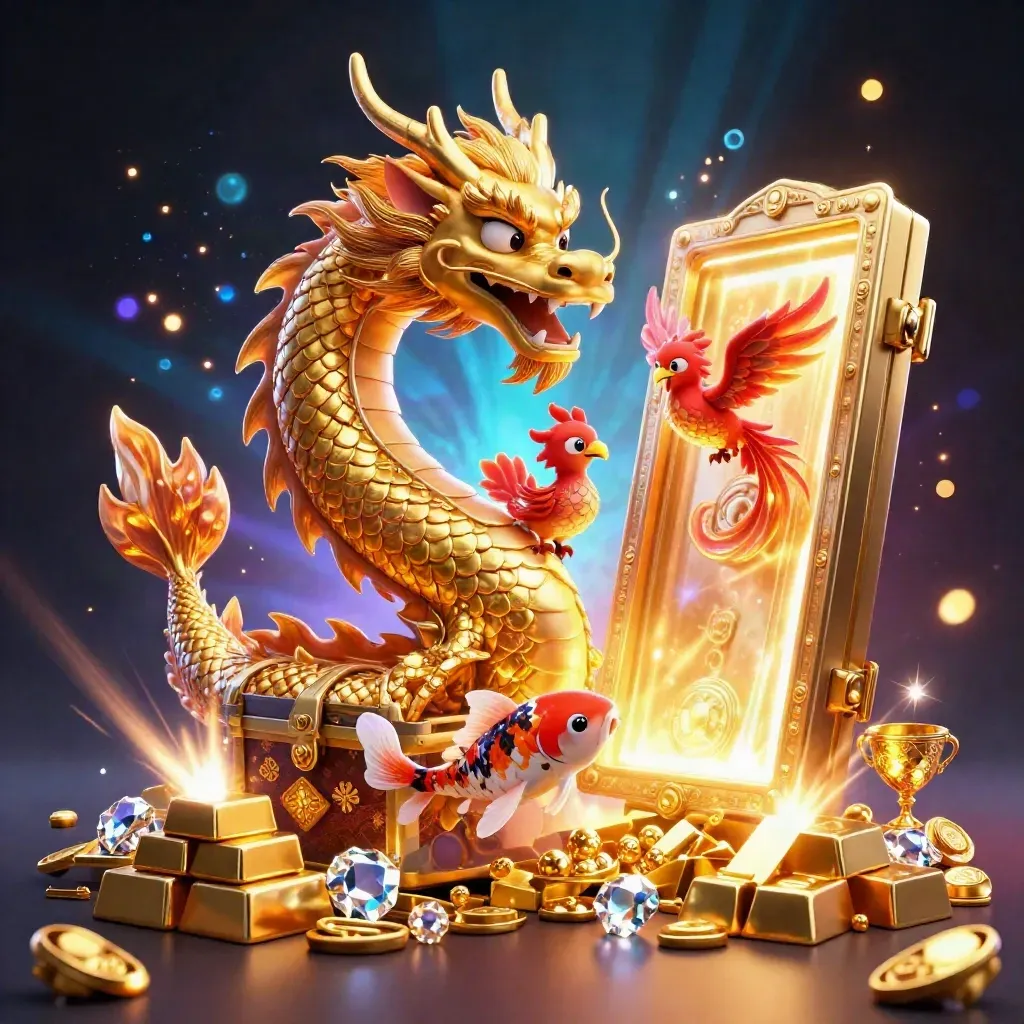 Golden dragon, phoenix, koi and treasure vault explode in neon casino luxury.