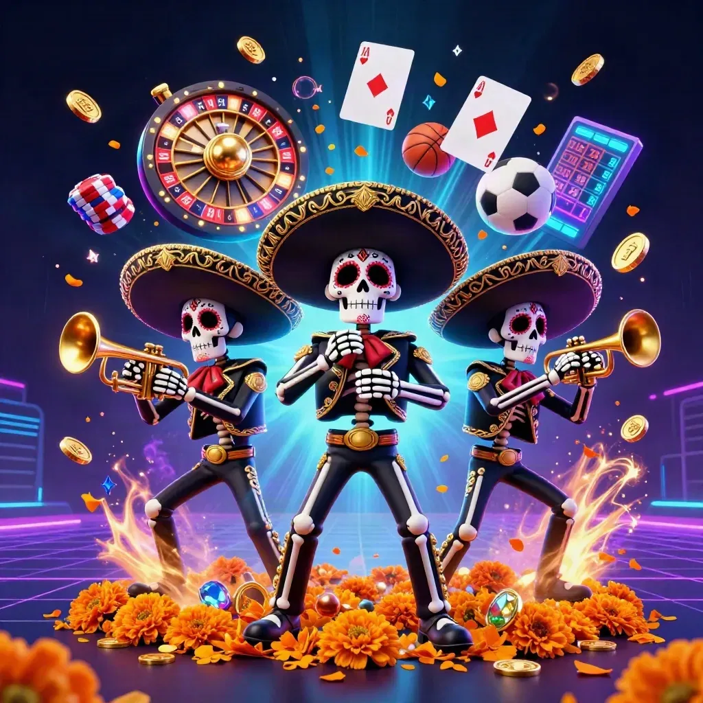 Skeleton mariachi trio amid casino bursts, neon coins, chips, roulette, marigolds, and glowing sports props.