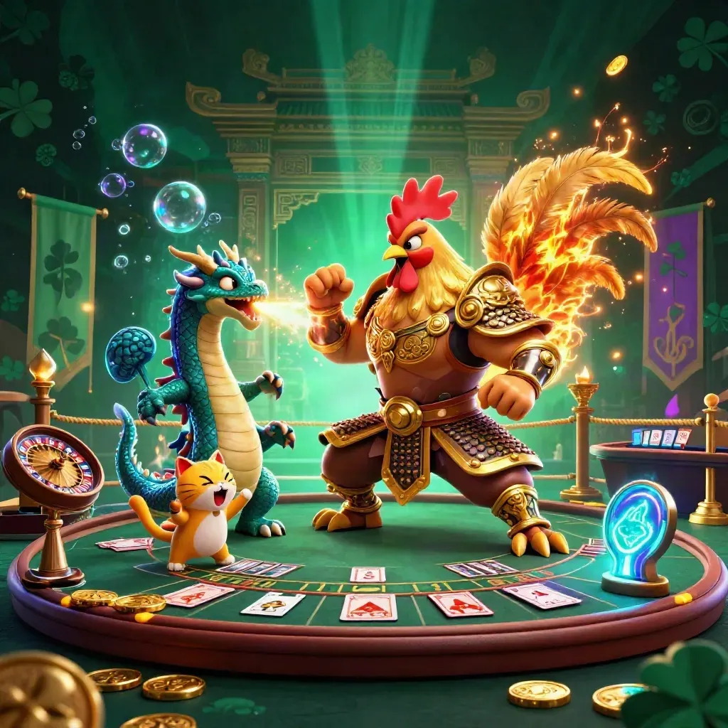 Rooster samurai, spark-breathing dragon hatchling and cheering fortune-cat in neon casino luxury.