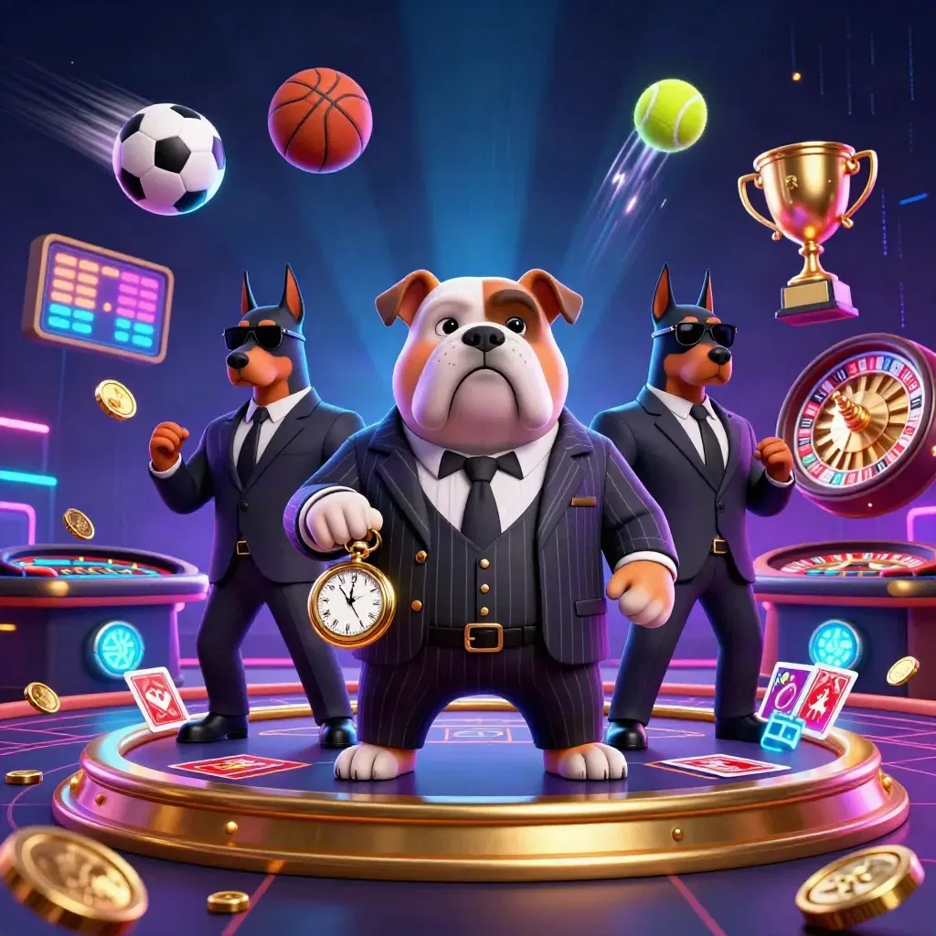 Bulldog boss with Doberman guards amid neon casino lights, flying sports balls, trophy and gold coins