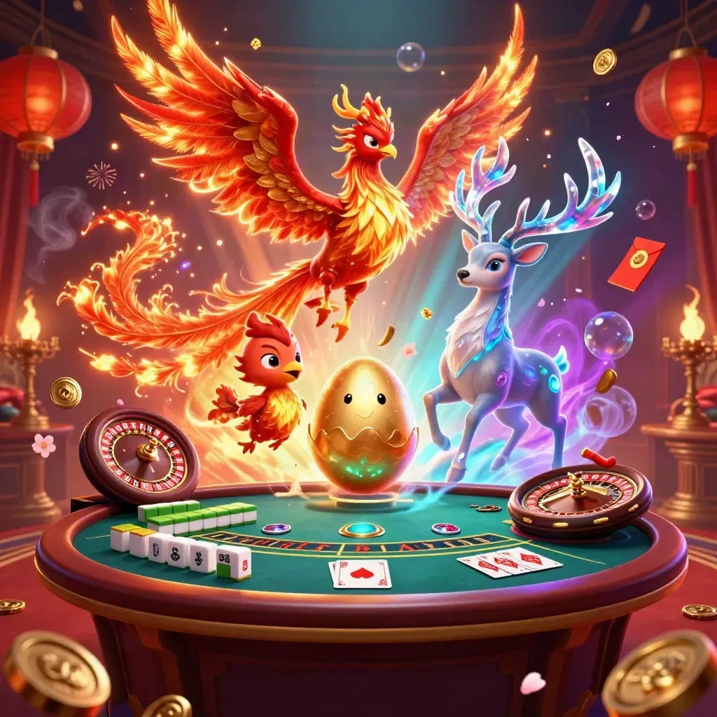 Phoenix, hatching chick, and crystal-antlered stag in neon casino glow.
