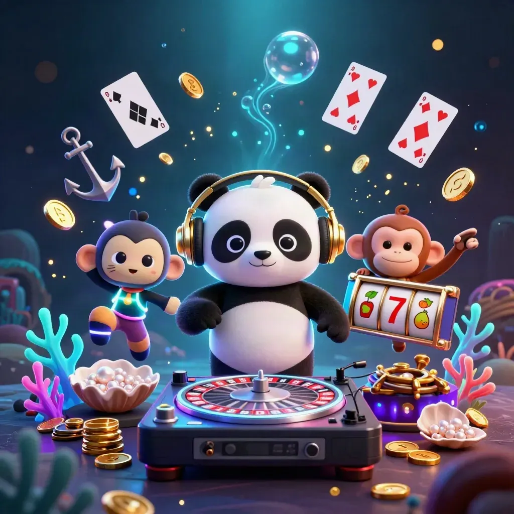 DJ panda, breakdancing monkey, and glow-stick kitten amid neon treasure and casino magic.