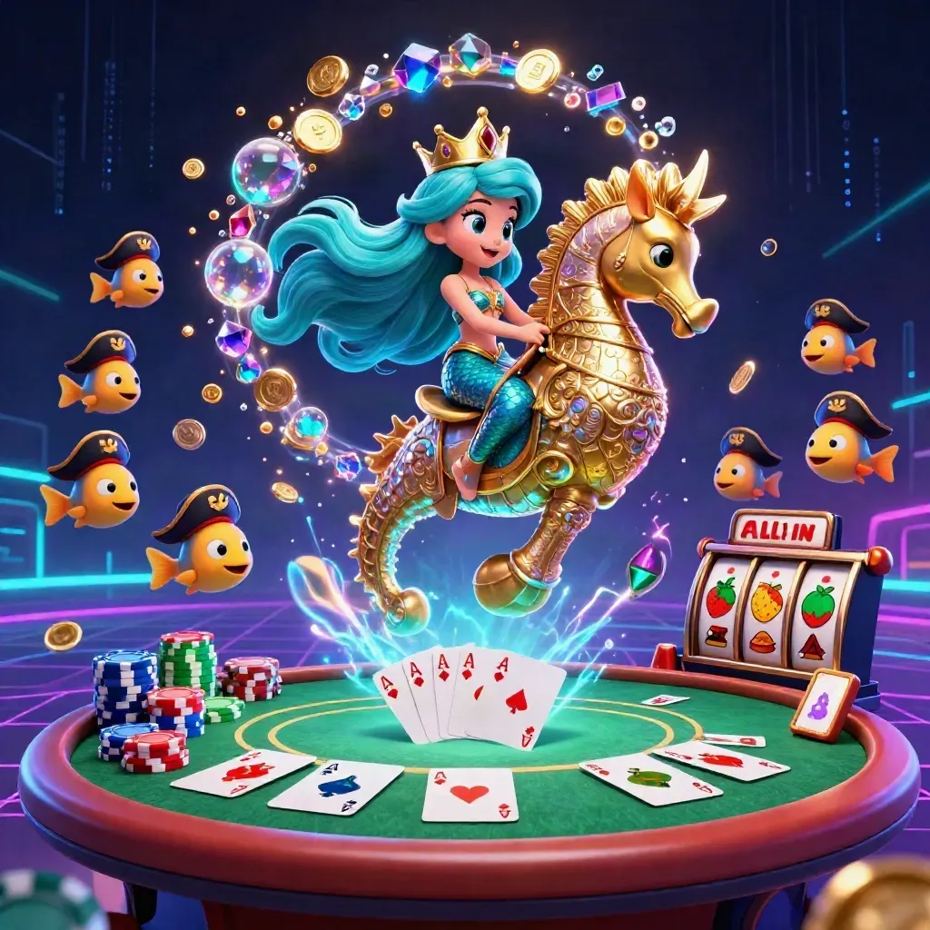 Mermaid princess rides armored seahorse amid casino cards, chips, neon energy, and pirate fish