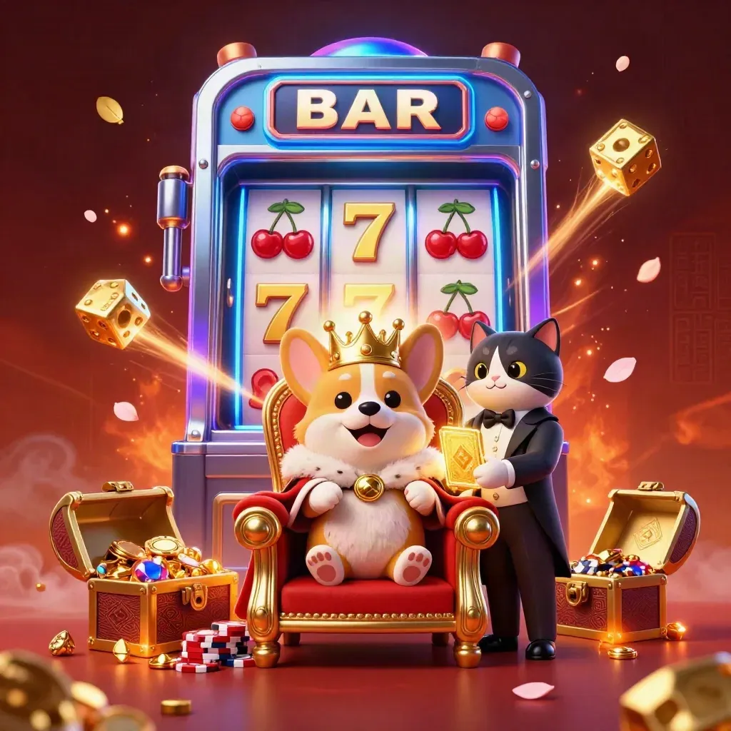 Royal corgi and cat butler amid exploding slots, gold, gems, and neon casino magic.