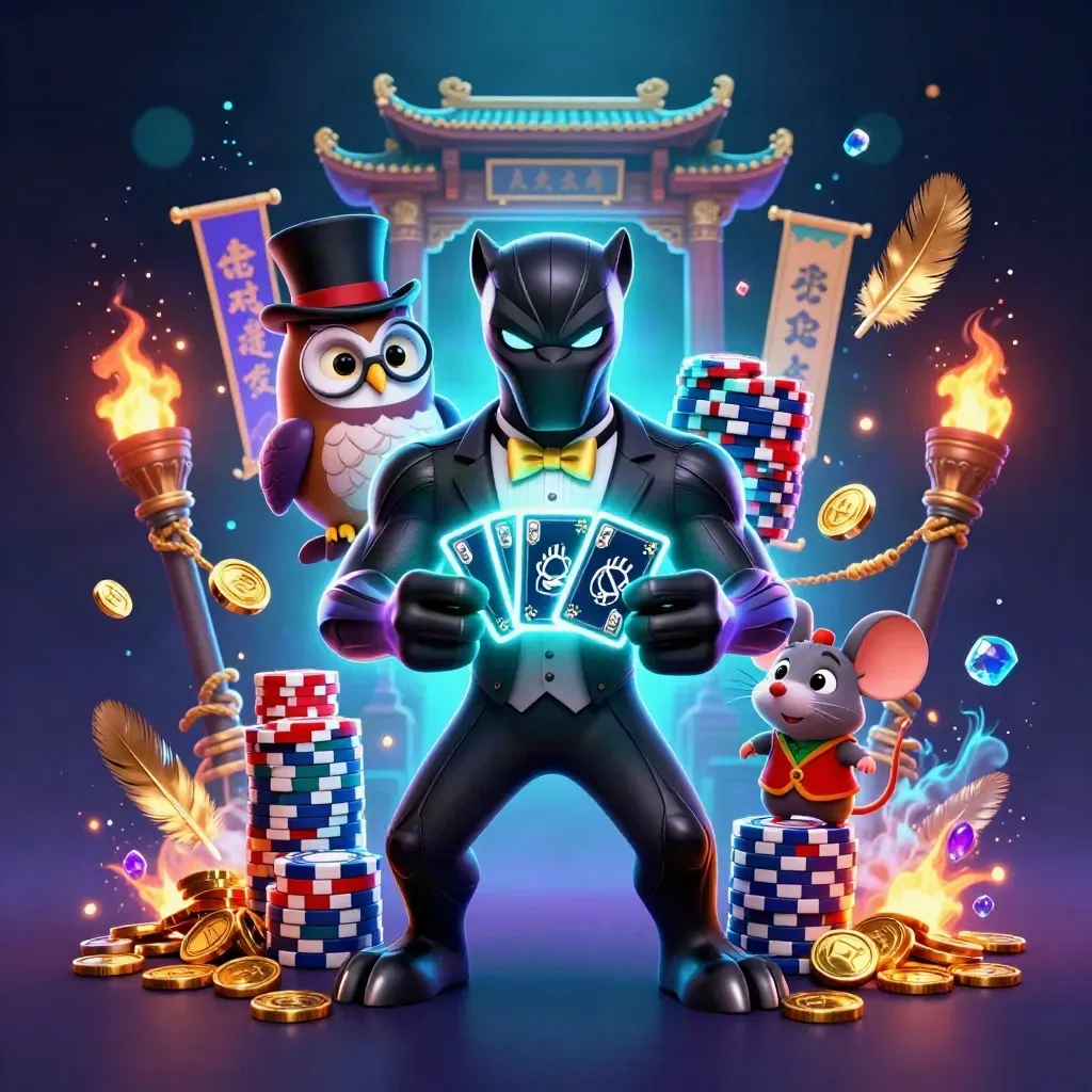 Panther, owl, and mouse in neon casino key art with treasure bursts, temple gate, and cyan glow.
