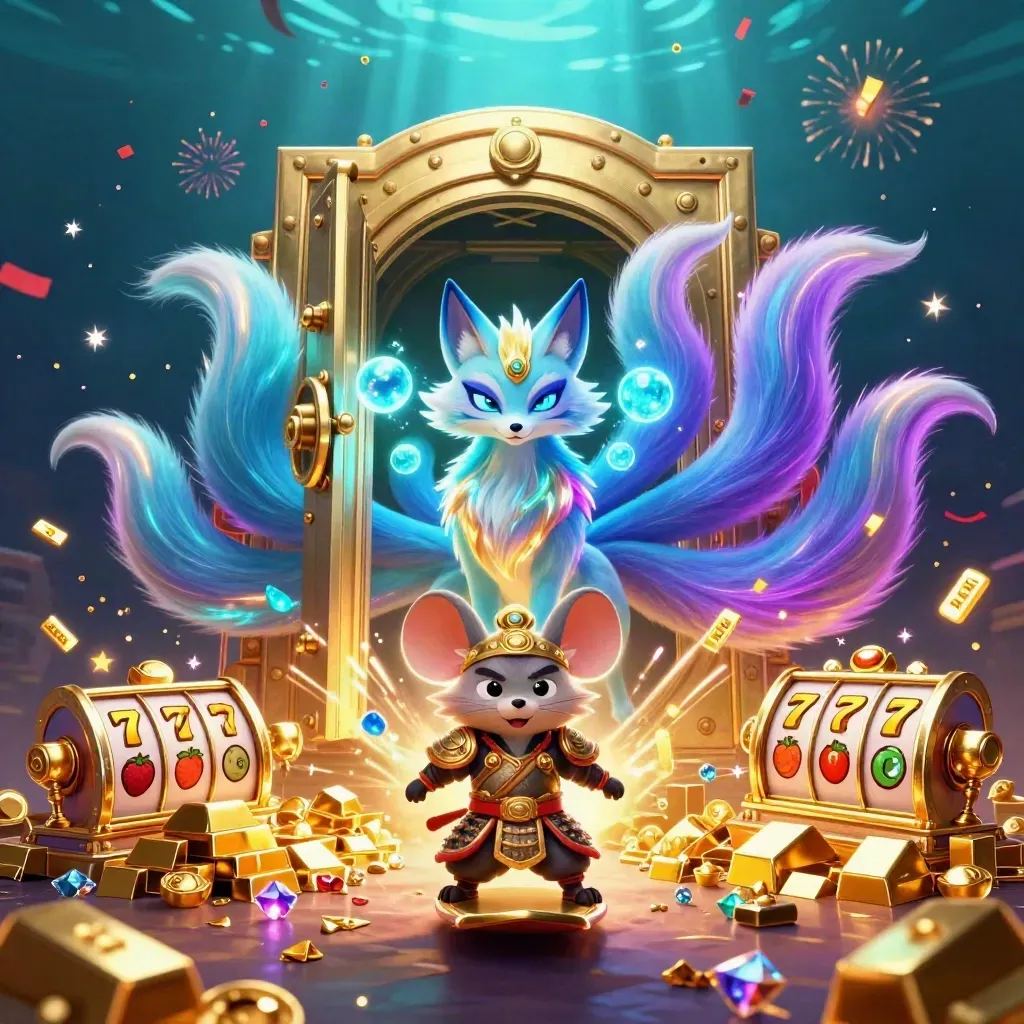 Neon nine-tailed fox spirit and samurai mouse burst from a gold vault amid cyan treasure magic.