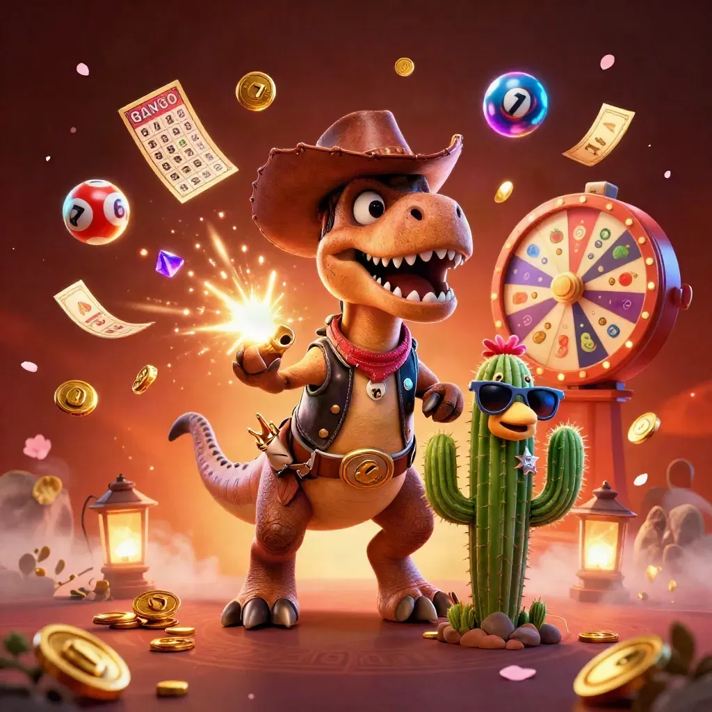 Cowboy T-Rex, cactus sidekick and roadrunner amid neon casino bursts and glowing game loot.