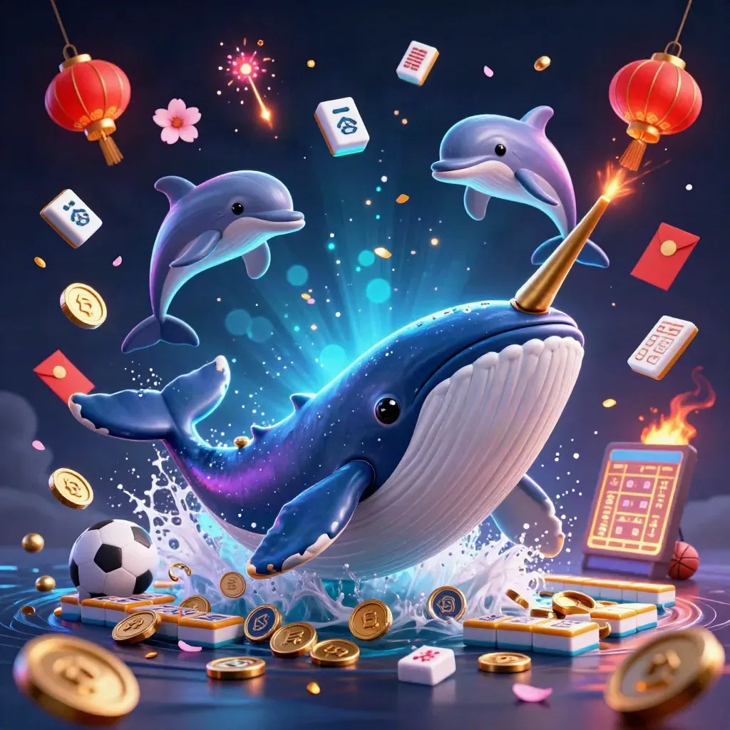 Whale captain, narwhal, and dolphins burst from coins amid lanterns, fireworks, and neon casino glow.