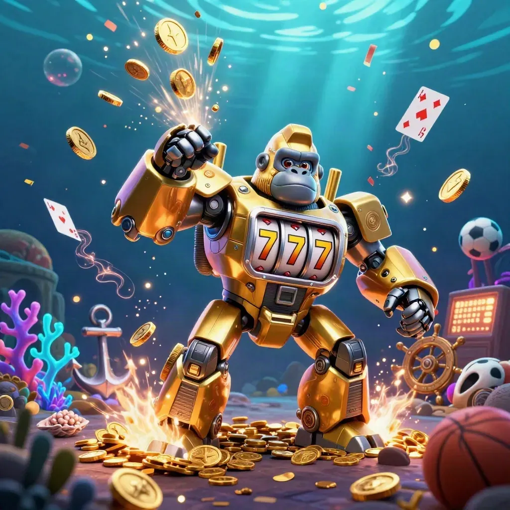 Golden gorilla mech with tiny monkey pilot bursts in an underwater treasure cove with coins, coral, fireworks, and sports props.
