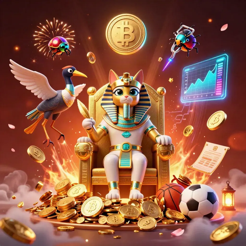 Pharaoh cat, ibis scribe and scarabs amid treasure, neon coins, fireworks and esports symbols.