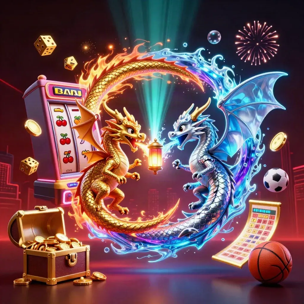 Gold and silver dragons spiral around a bursting slot machine with coins, fire, ice, and casino glow.
