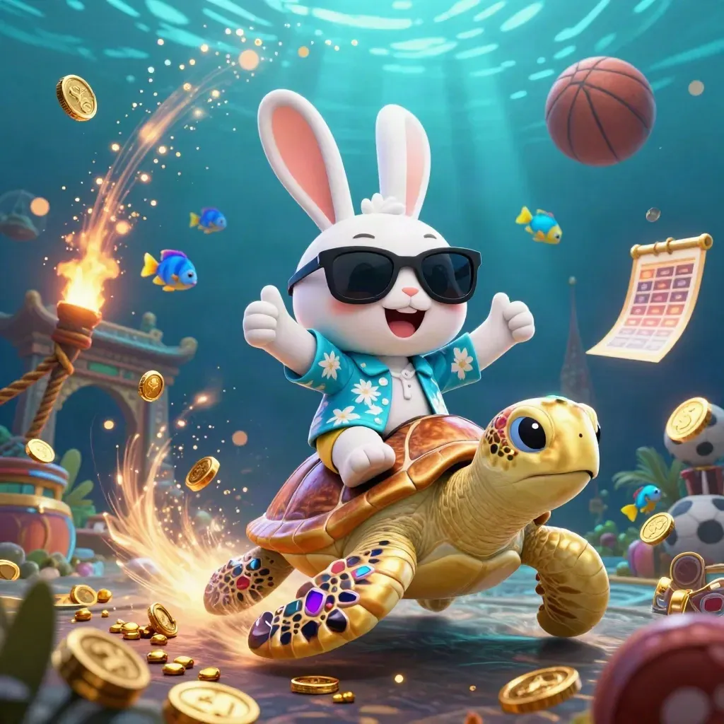 Lucky rabbit rides a gem turtle through a treasure burst underwater with neon esports glow.