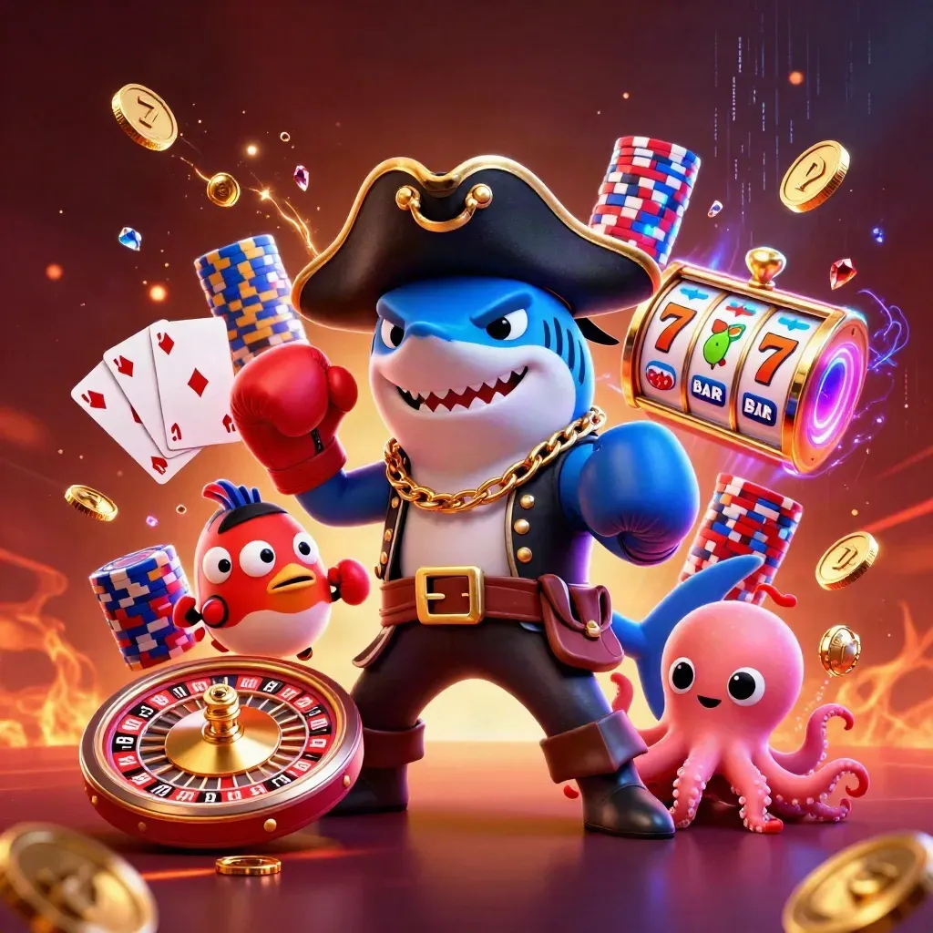 Pirate shark, boxing pufferfish, and coin-juggling octopus amid neon casino chaos