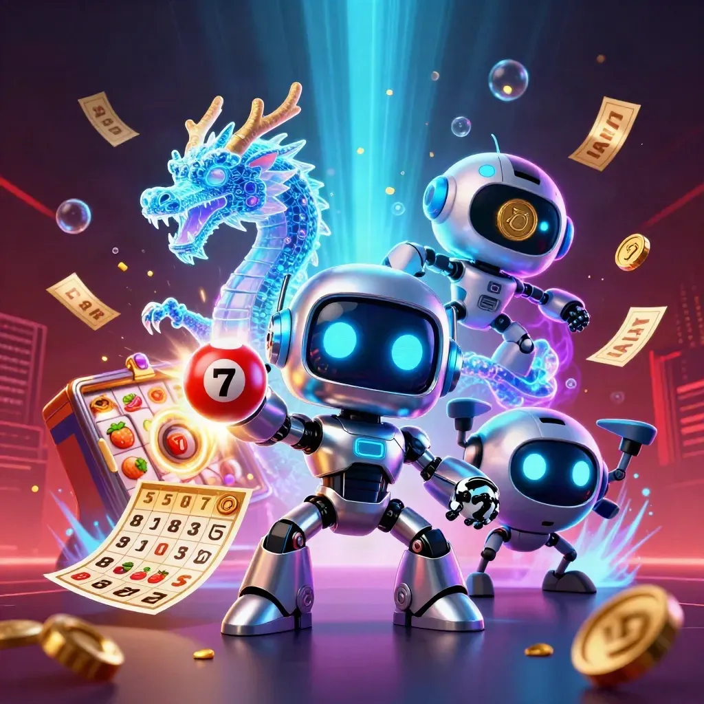 Cyberpunk robot, holographic dragon, and coin drone amid casino reels, balls, and neon glow.