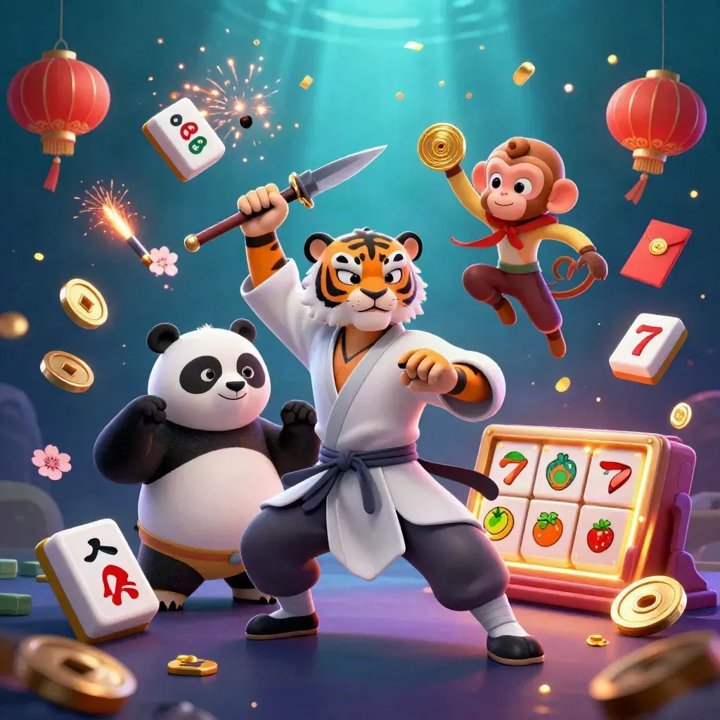 Kung-fu tiger, panda, and monkey in neon casino key art with gold coins and lanterns