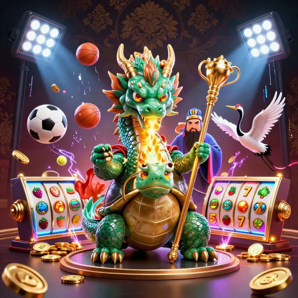 Jade dragon, turtle sage, and cranes amid casino loot, neon sports balls, trophies, and glowing effects