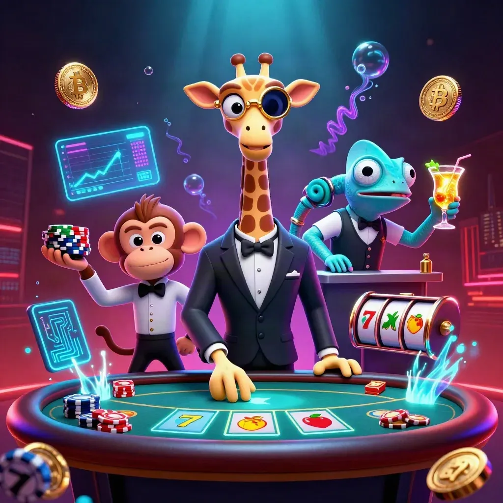Neon casino key art with giraffe, monkey valet, chameleon bartender, coins, reels, and glowing effects.
